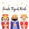 ÃÅ¡wiÃâ¢to Trzech KrÃÂ³li - polish translation: Epiphany. Cute cartoon kings prince, wise men characters with beard and crown holding